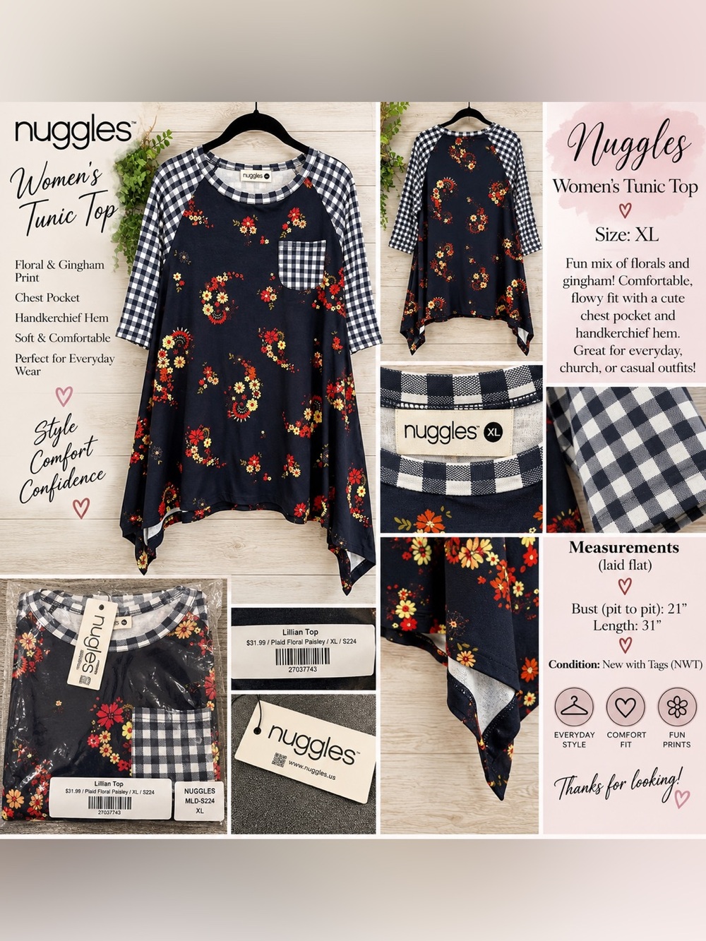 Nuggles Lillian Floral Gingham Tunic Top XL NWT
